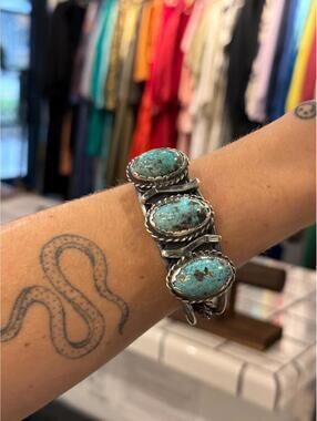 Vintage Sterling Silver 3 Stone Turquoise Cuff Bracelet Navajo Southwestern